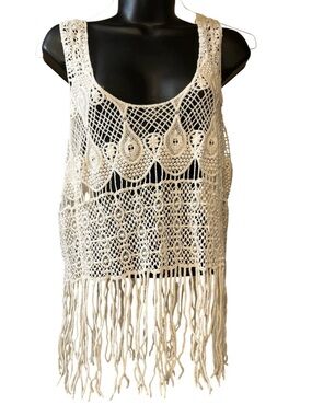 Gypsy Rose White Crochet Top with Fringe NWT